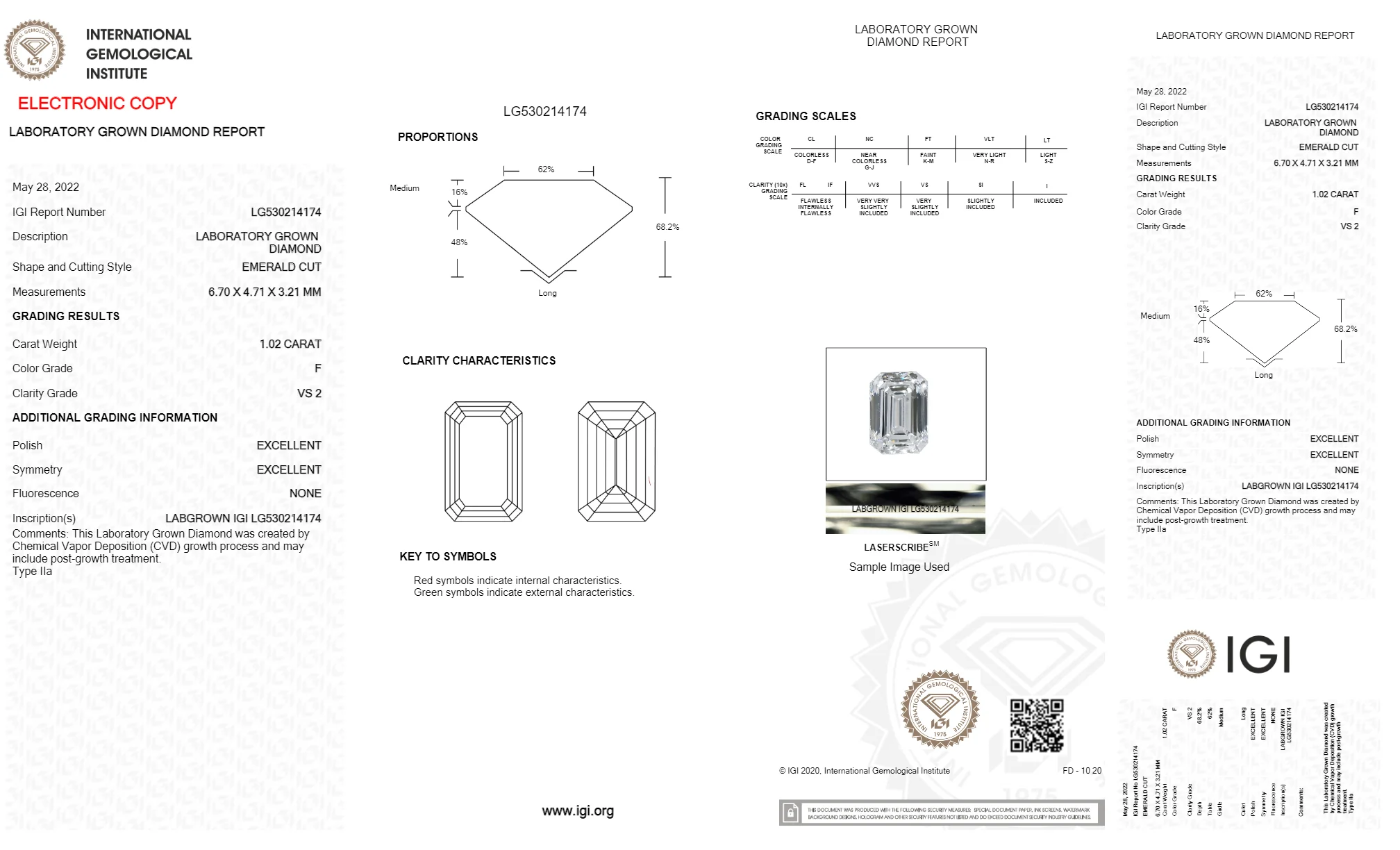 Emerald Shape Diamond 1.02ct F Color VS2  Purity Lab Grown IGI Certified Stone 530214174