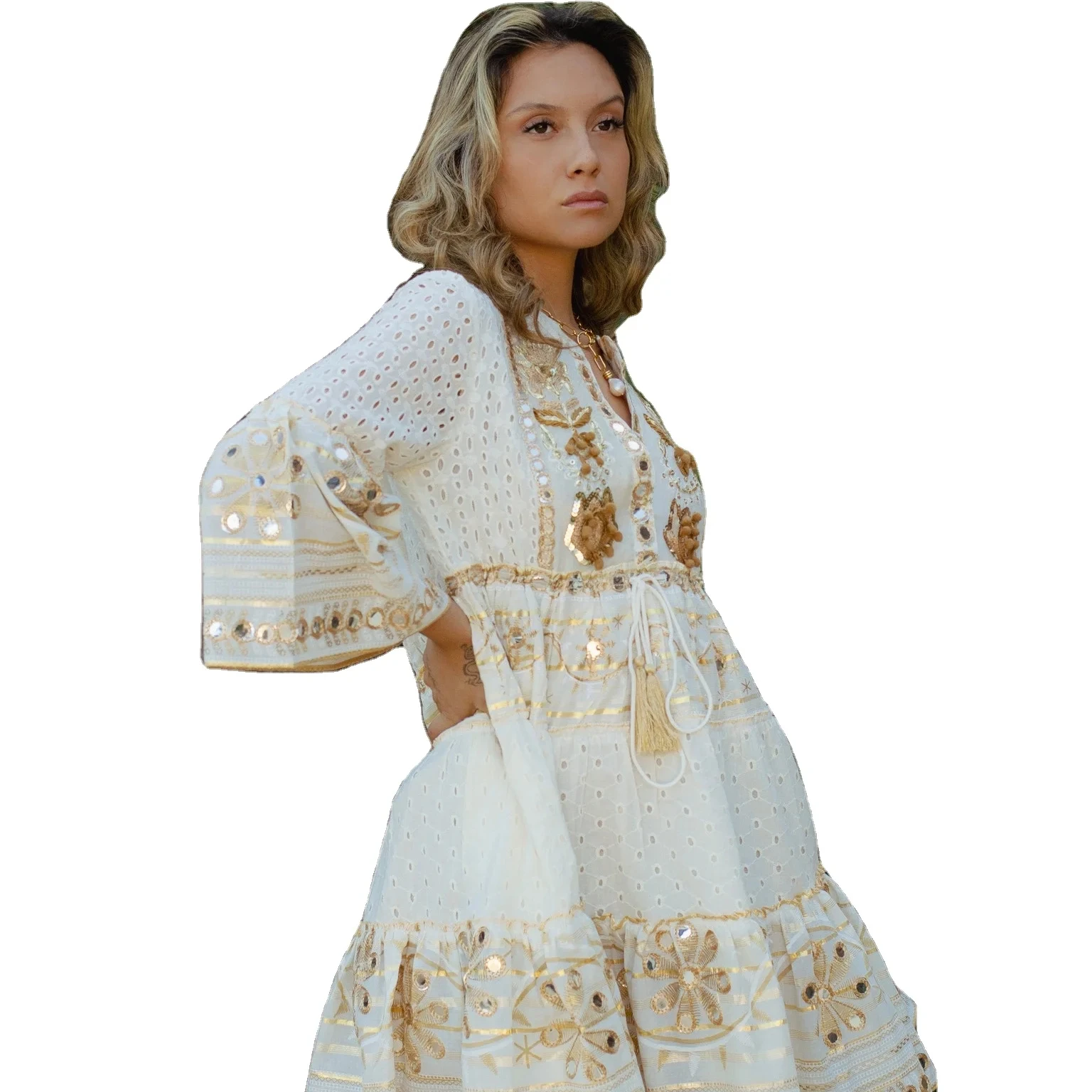 High Fashion Embroidered Print Knitted Handmade Designer Three Quarter Sleeve Women Club Dress