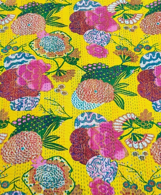 Yellow Fruit Print Kantha Quilt Indian Handmade Throw Reversible Blanket Bedspread Fabric BOHEMIAN boho quilt bedding coverlets
