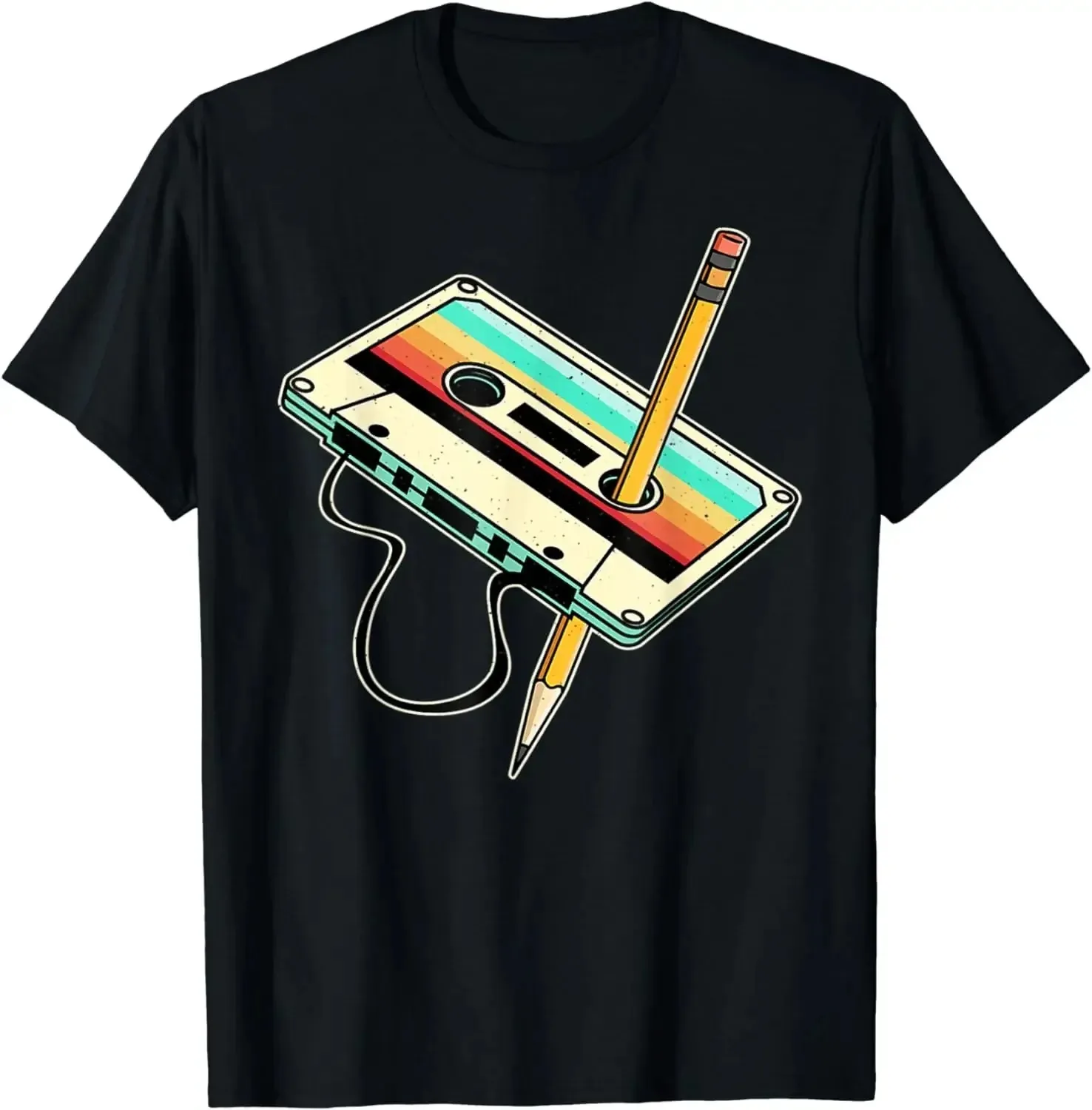 Vintage Throwback Music T-shirt Men Cassette Tape Pencil 1980s  Clothing Streetwear T Shirt Hip Hop TSS-0082D