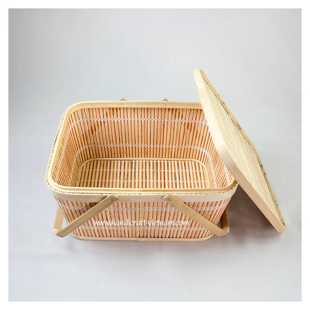 Bamboo Picnic Basket with Double Folding Handles, Natural Woven Basket, Gift Packing Woven Basket
