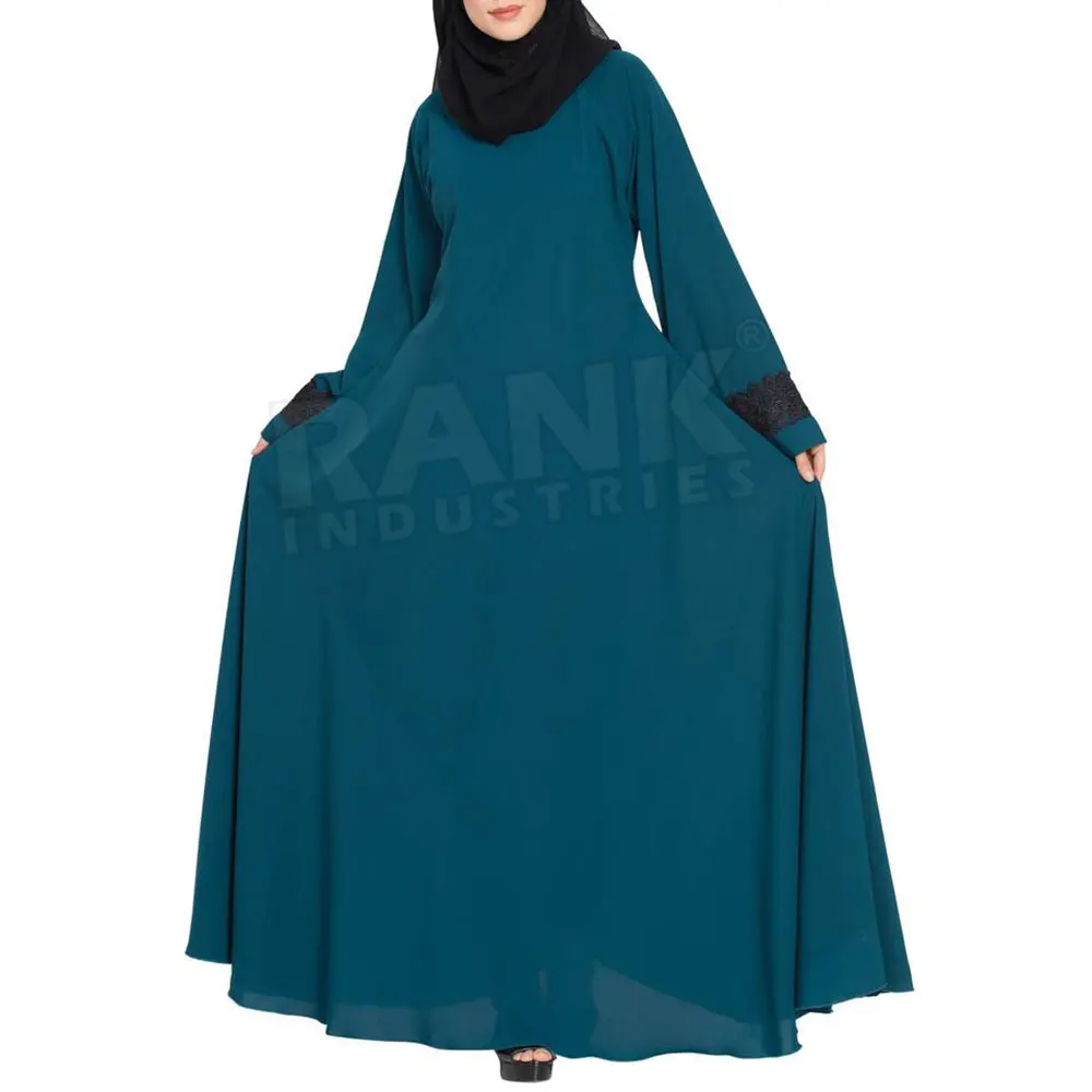 High Quality Women Muslim Wear Zink Blue Abaya Embroidery Cuff Full Sleeves Women Lose Plus Size Abaya