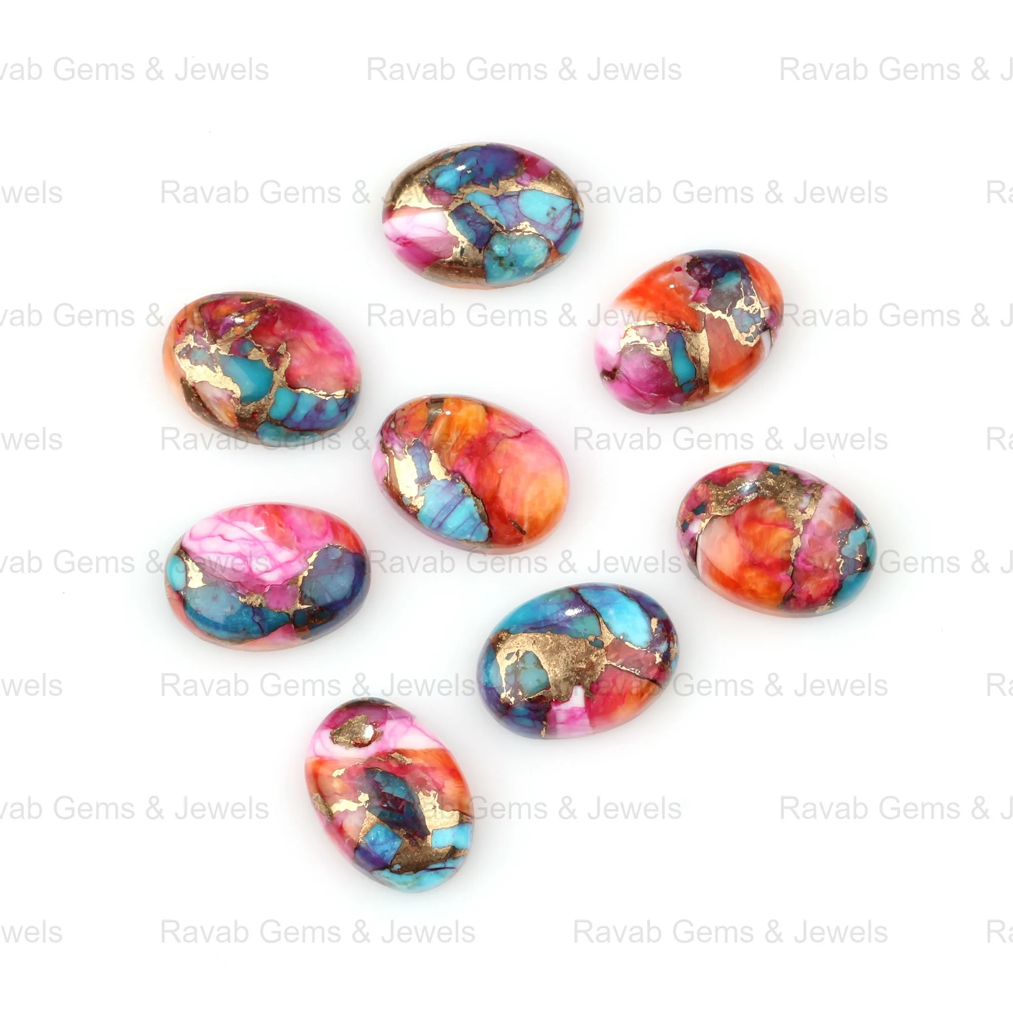 10x14mm Natural Flatback Oval Shape Mix Spiny Oyster Copper Kingman Turquoise Gemstone Jewelry Making Loose Cabochon Stones