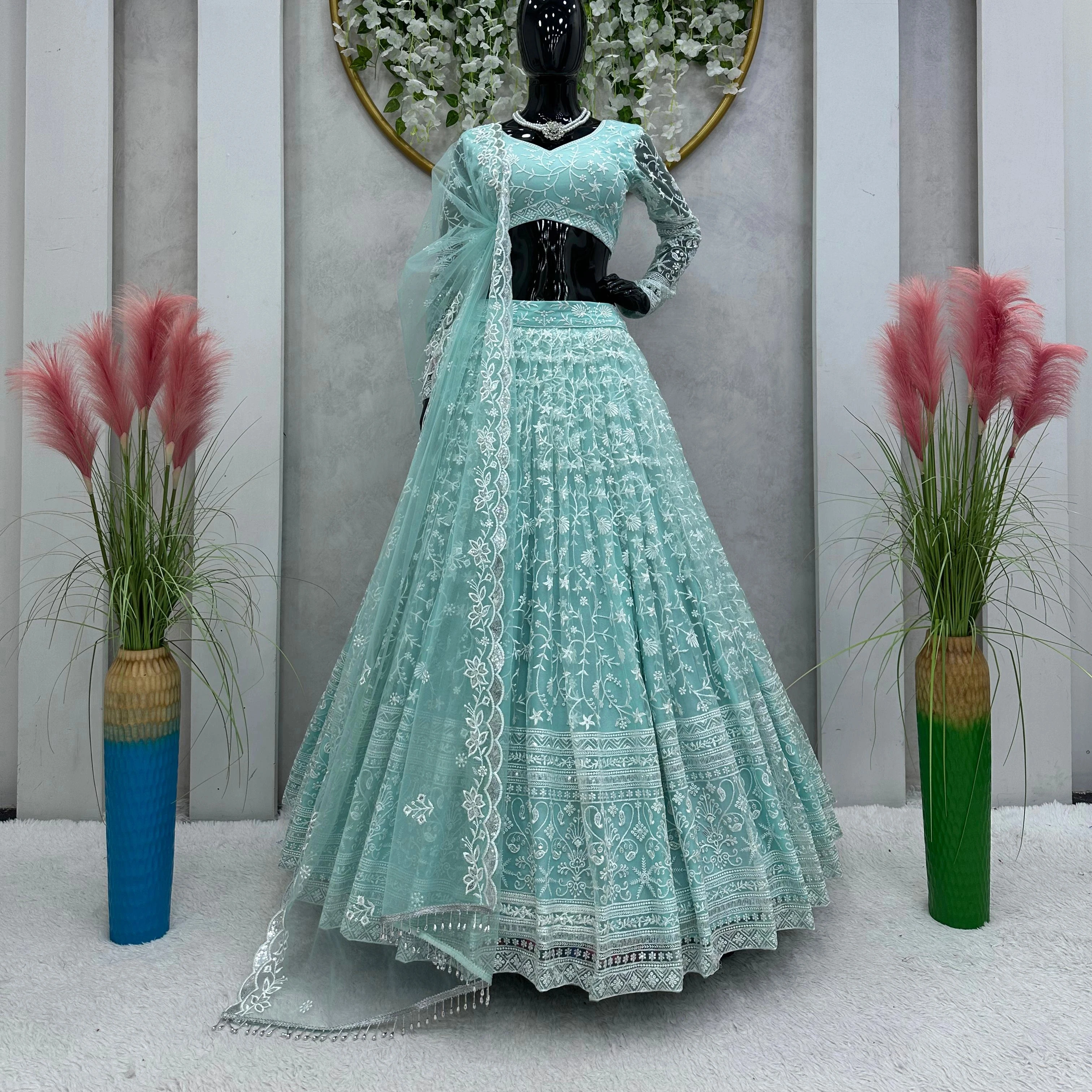 Beautiful Embroidery With All Over Mirror Work Wholesale Priced Embroidered Lehenga Choli And Jacket Navratri Festival Clothing