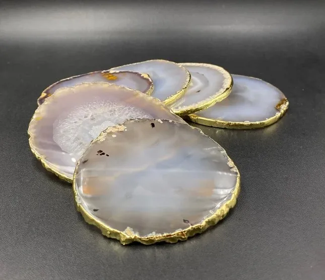 Wholesale Natural Gray Agate Large Slice Crystal Geode Stone Agate Gold Plated Trim Home Decoration For Sale