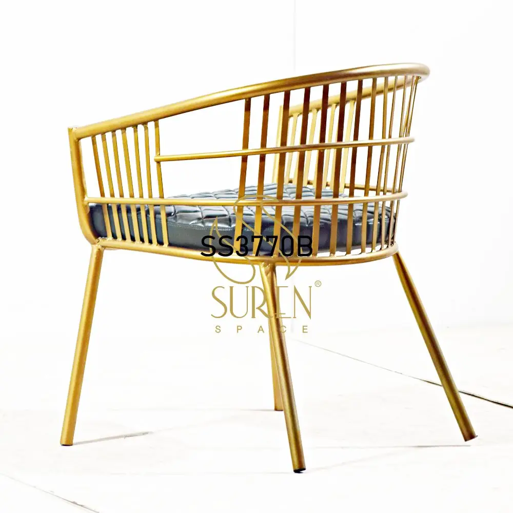 Industrial Handcrafted Indian Designer Golden Metal Powder Coating Regula Rexine Seat Restaurant Chair