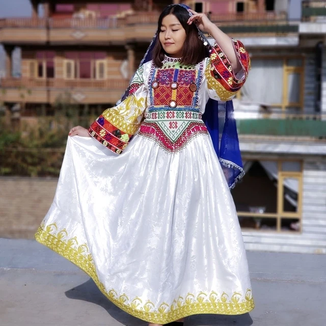 Handmade afghan dresses for women in white color with golden laces traditional Pakistan clothing 2025