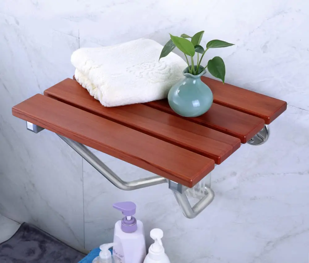 Folding Wall Mounted Teak Stainless Steel Folding Shower Chair Indoor Shower with Shower Chair for Elderly Disabled People