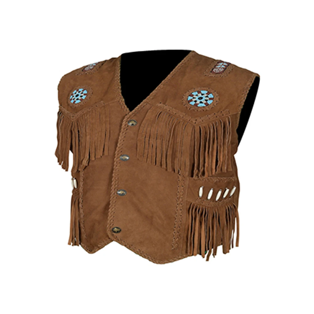 Men Cow Suede Leather Fringed & Beaded Hand Made Work American Style Indian Style Men Leather Vest