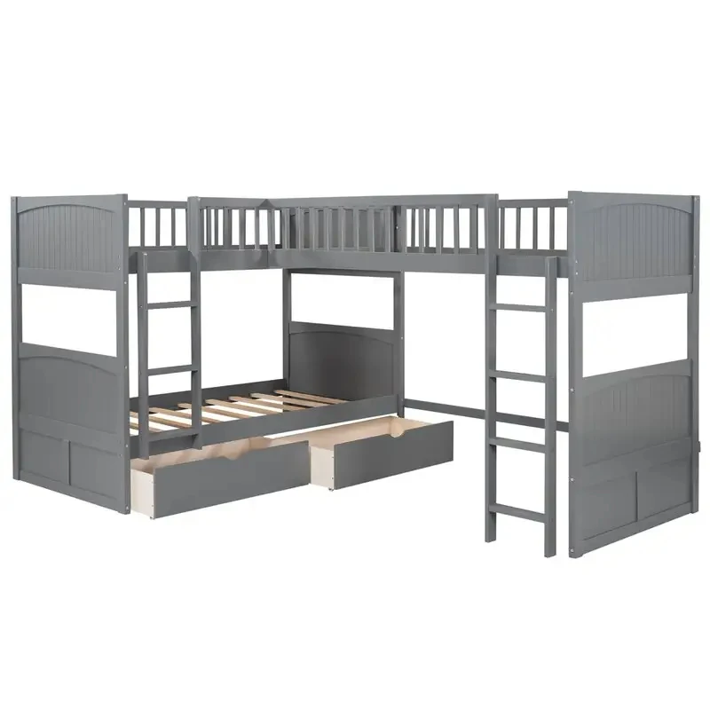 Maximalist Decor Furniture Triple Bunk Beds White Wooden L-Shaped Bunk Bed With Ladder and Storage Drawers