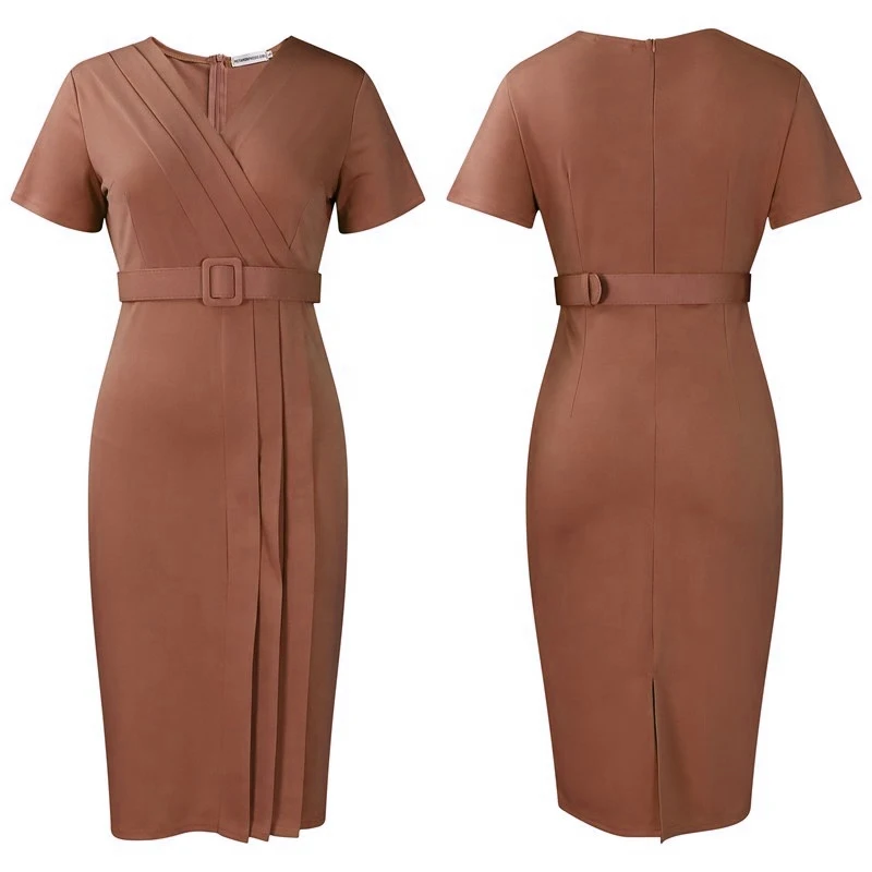 Summer Ladies Office Dresses Short Sleeve V-neck Waist Wrap Pencil Career Dresses with belt Women Casual Africa Dress
