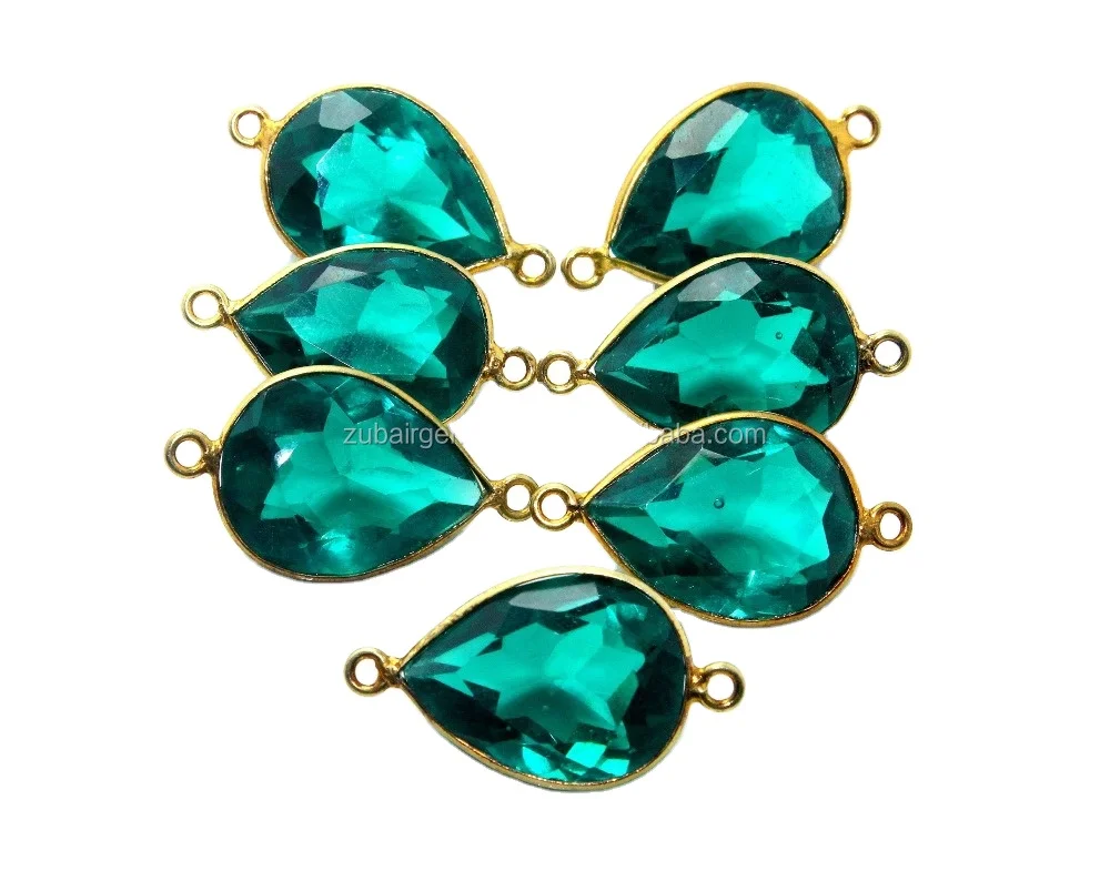Match Pair Emerald Quartz Faceted Pendant Connector  24K Gold Plated