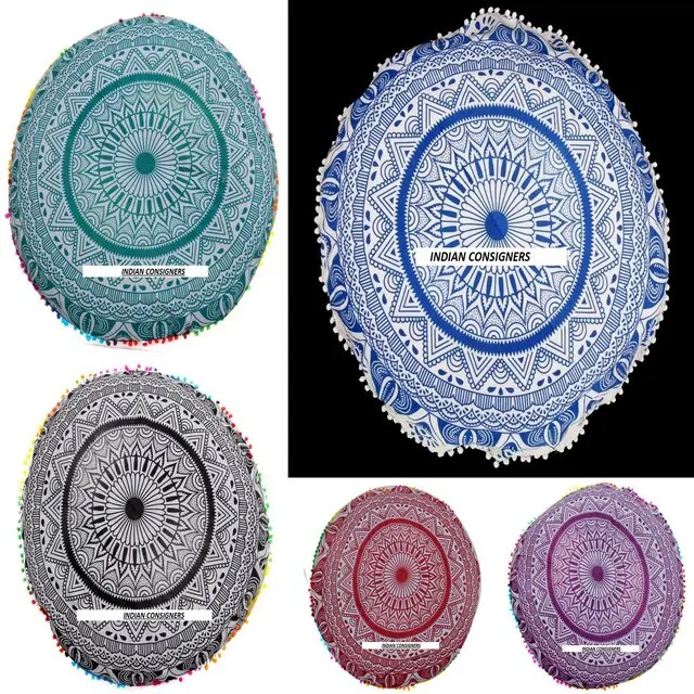 Home Decor Floor Cushion Cover Cotton Mandala Flower Round Shape Peacock Mandala Multiple Color