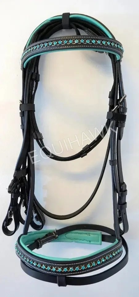 Оптовая продажа роскошная уздечка для лошадей с Аква-кристаллами-премиальные кожаные повязки бровей и носа лучшие