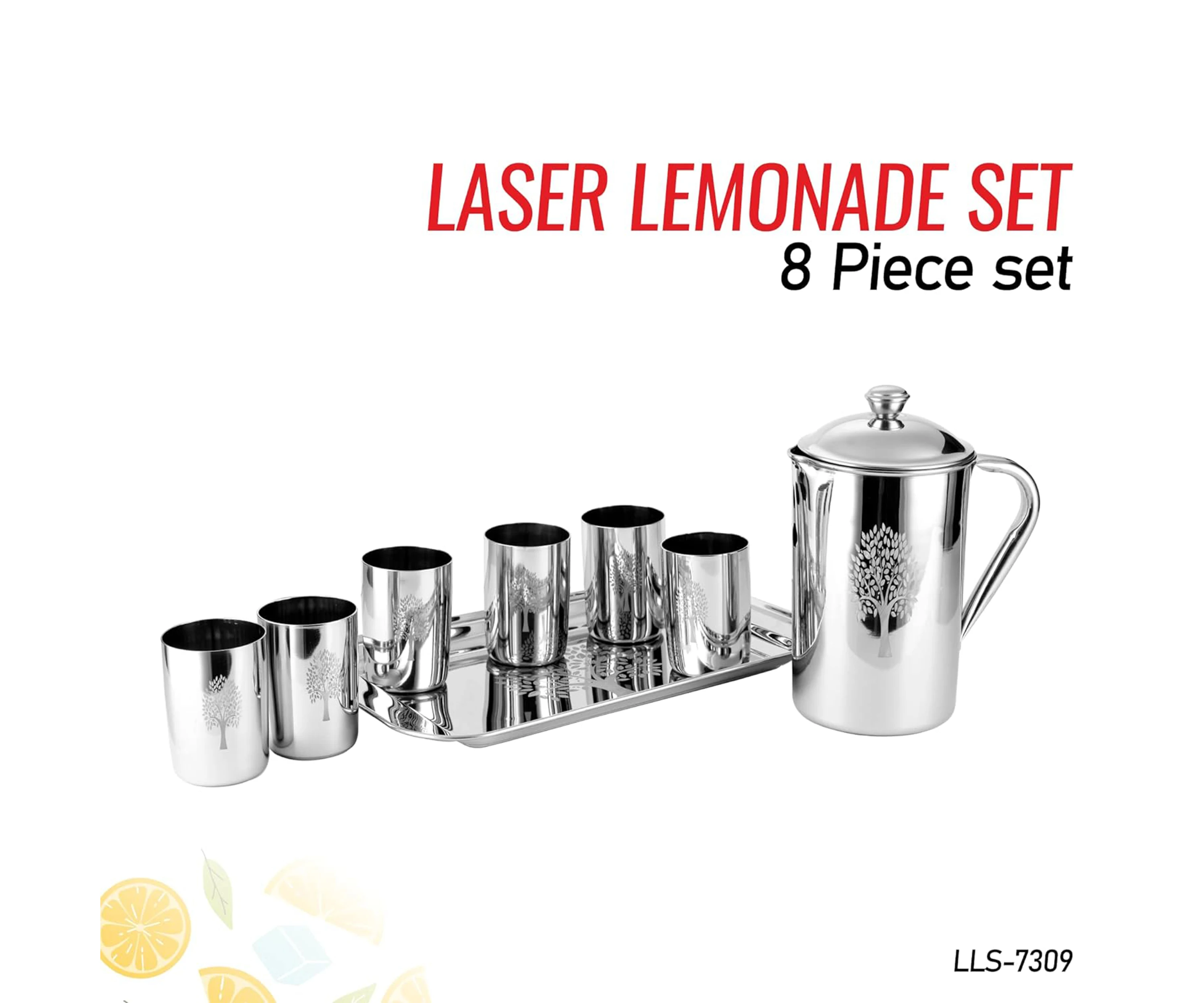 Premium Stainless Steel Set 1 JUG 6 Glasses 300 ML & Serving Tray For Kitchen Tableware Set To Serve Water & Juice Silver Colour