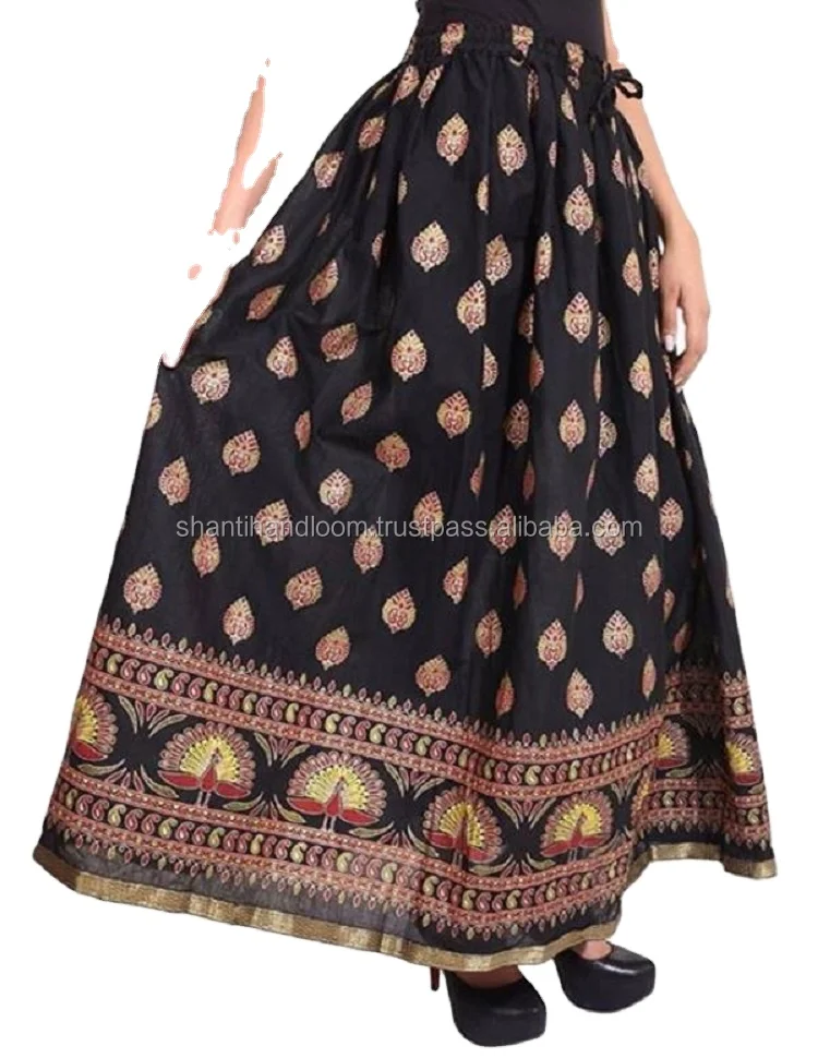 Rayon gold printed hippie long maxi skirt