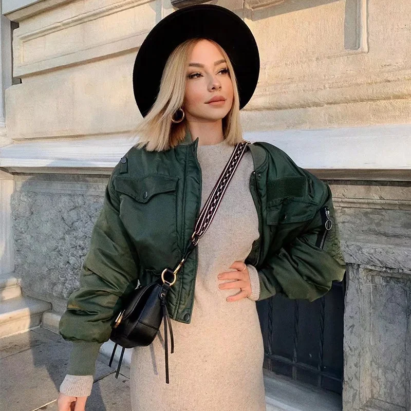 2023 Autumn Army Green Short Bomber Jacket Women Stand-up Collar Slim Zipper Cardigan Cotton Jacket