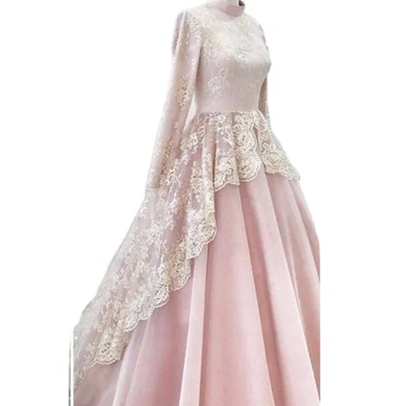 Pink Muslim Evening Dresses Lace Long Sleeves High Neck Saudi Modest Islam Prom Wedding Gowns 2023
