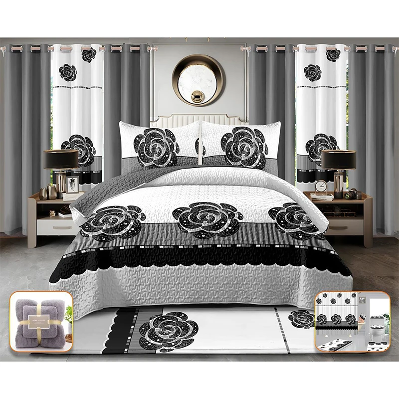 In stock hot sale 26 pieces bedspread set king size bed cover with curtains and matching bathroom sets 26 pcs bedding set