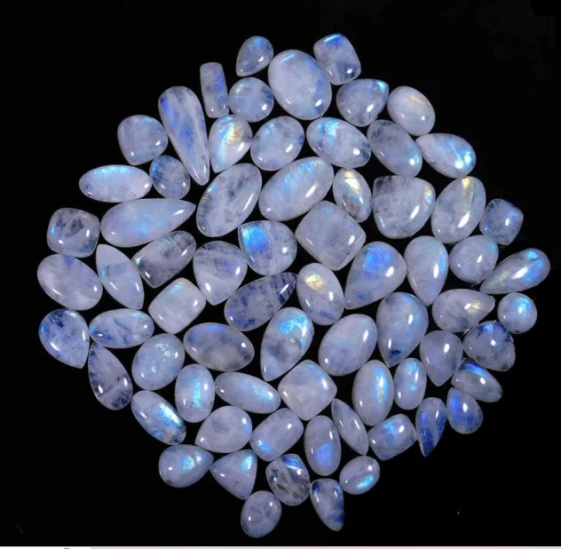 Best Quality Hot Sale Bulk Natural Lot Natural Rainbow Moonstone Cabochon Mix Shape Gemstone Blue Fire Moons  for Jewelry Making
