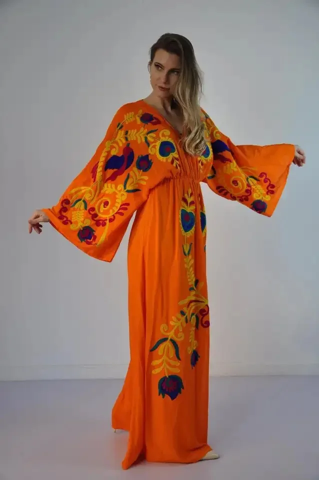 New Design Summer Resort Wear Floral Thread Embroidery Vintage Long Sleeve Floor Length Kaftan For Women Gift For Her