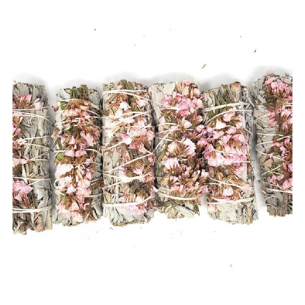 Pink Sinuata Flowers With White Sage 4inch Herbal and Organic Natural White Sage Incense Sticks