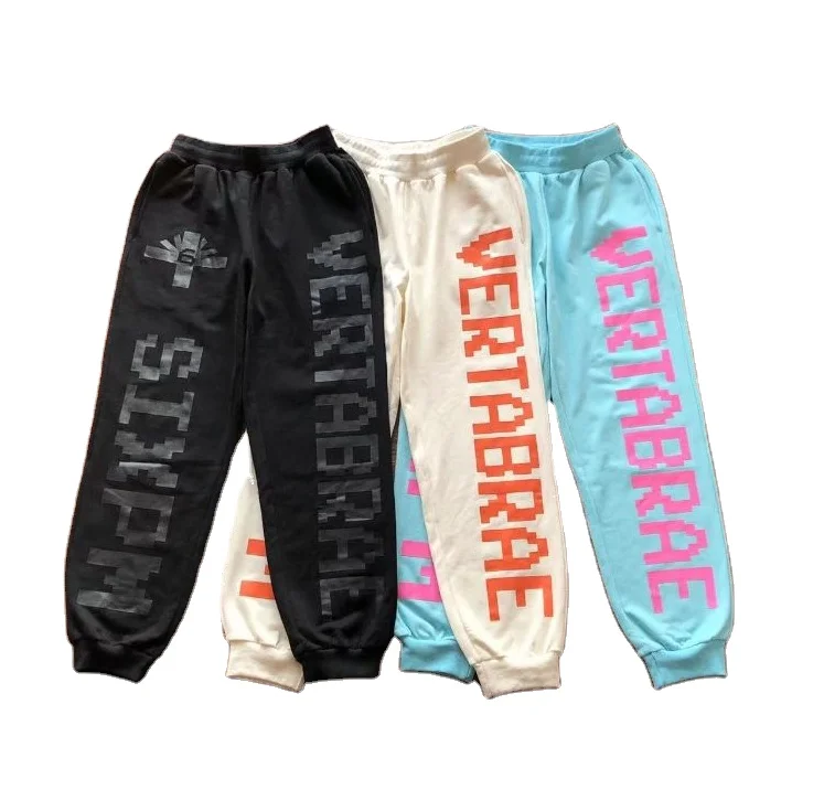 Custom Made Rhinestone Logo French Terry Streetwear Casual Stacked Cargo Puff Print Flared Sweatpants Men