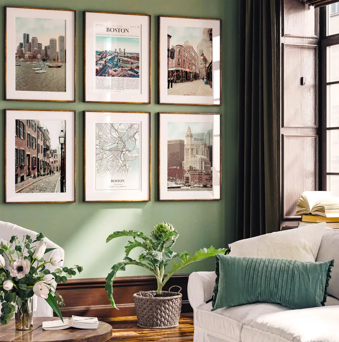SQ Boston City Prints Set of 6 Boston Photography Painting Wall Art Massachusetts Photo City Poster