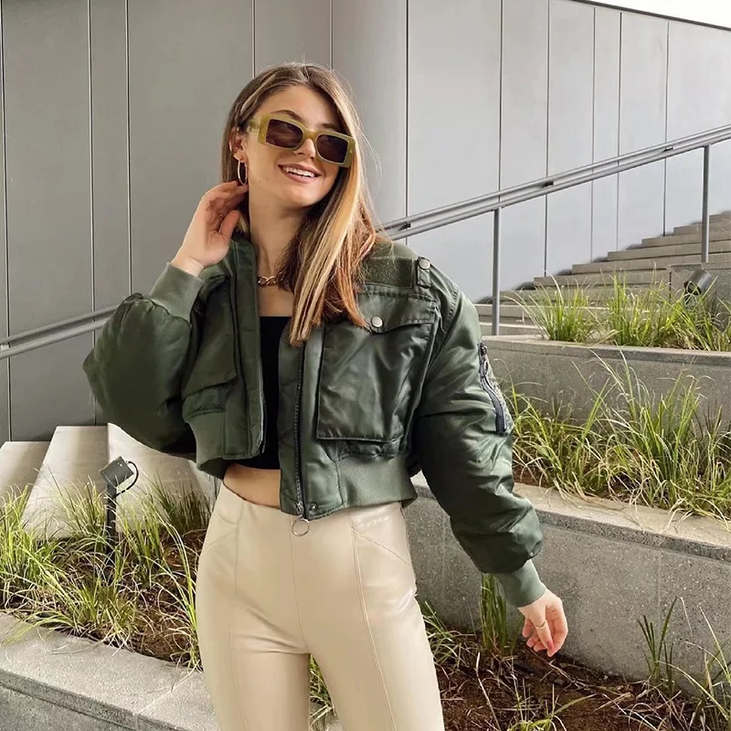 2023 Autumn Army Green Short Bomber Jacket Women Stand-up Collar Slim Zipper Cardigan Cotton Jacket