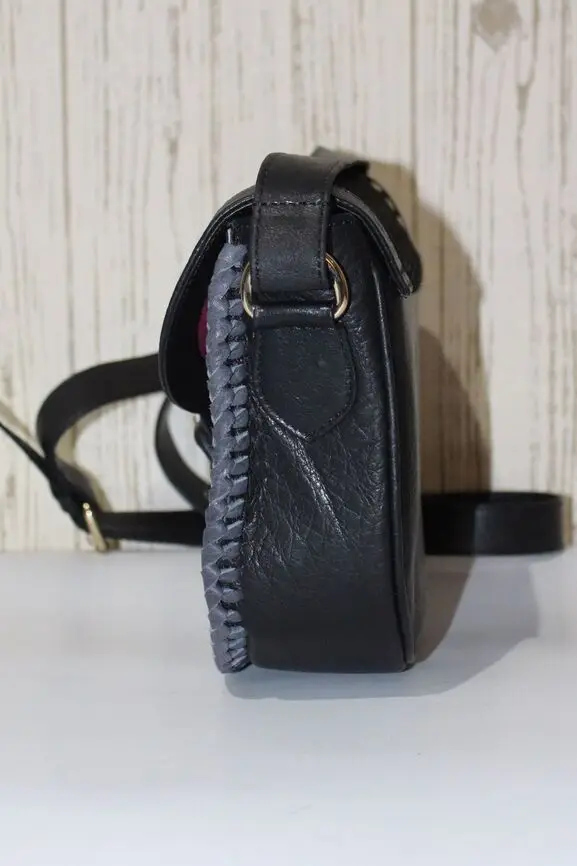 Natural cow hair on studded Hobo Black Bag Hide Carving Tooling Leather Handbags Stylish Leather Cosmetic Bags For Woman Girl