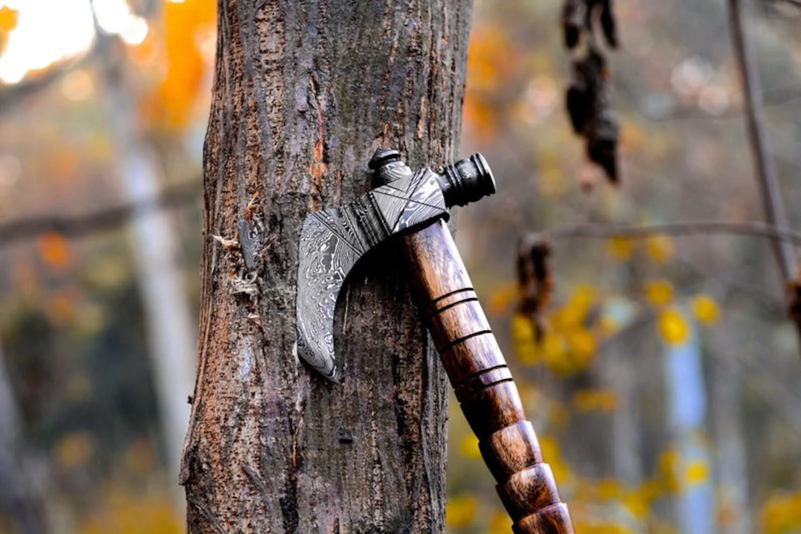 Custom Made Damascus Steel Tomahawk  Axe Rosewood Handle With Leather Sheath.
