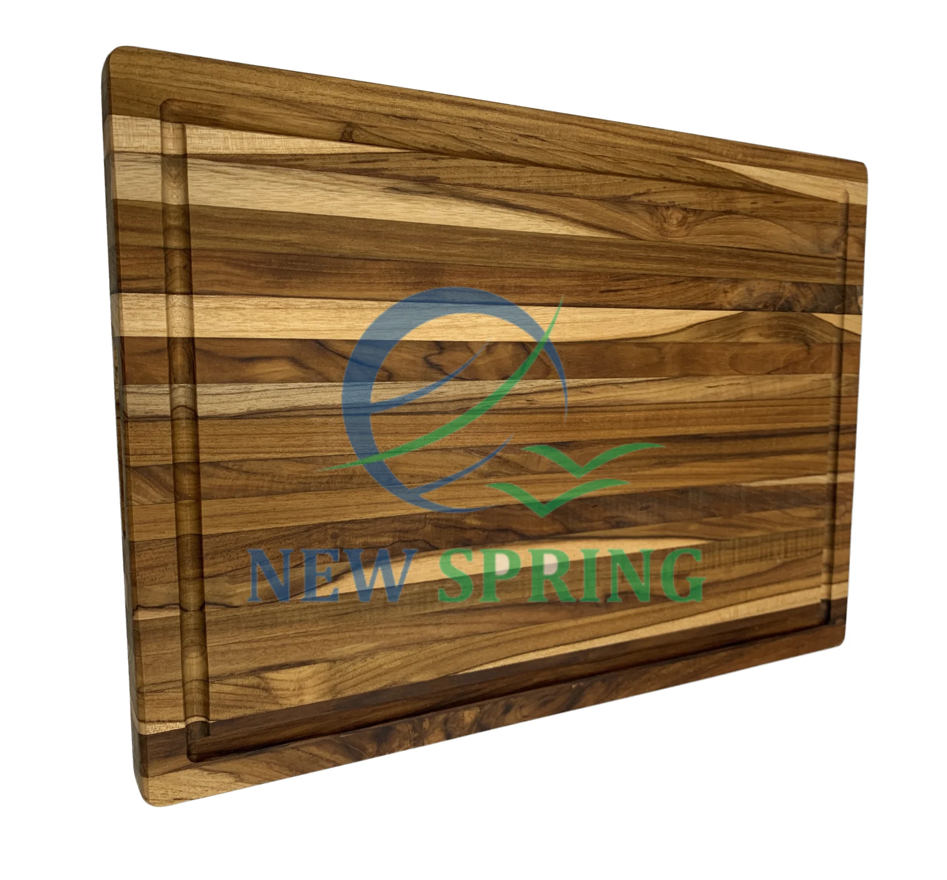 Best selling Edge grain teak wood board with pressed grooves integrated handle that can be used on both sides from Viet Nam