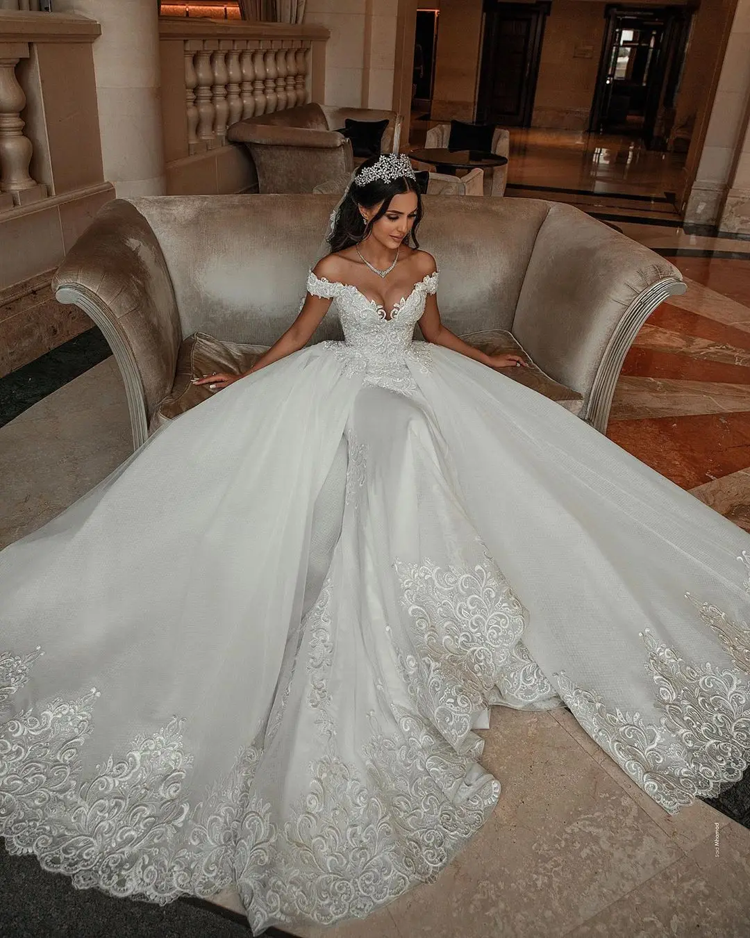 vestidos de novia Luxury lace applique mermaid wedding dress bridal gown with Detachable tulle train