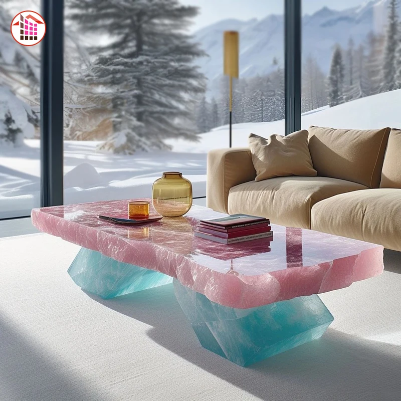 Luxury translucent stone coffee table backlit blue pink crystal dining table translucent pink onyx marble custom  table