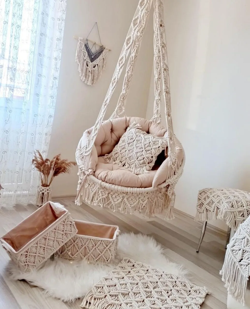Hand Knitted Macrame Hammock Swing Chair Boho Hanging Comfortable Seat Indoor Outdoor Hanging Chair