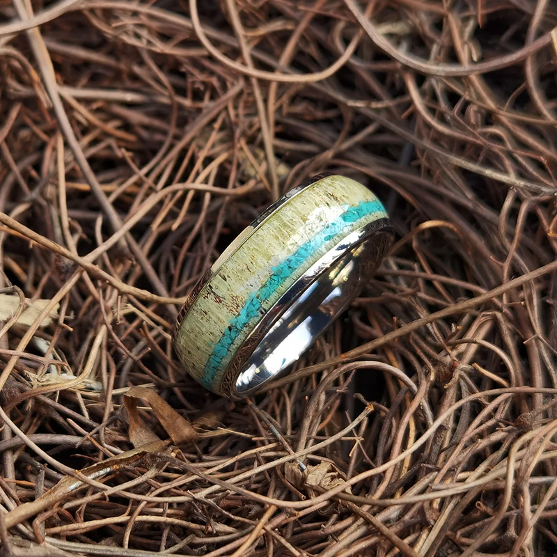 mens Jewelry rings Turquoise Man Ring Manufacturer Custom Stainless Steel Titanium Black zirconium Inlaid antlers classic men