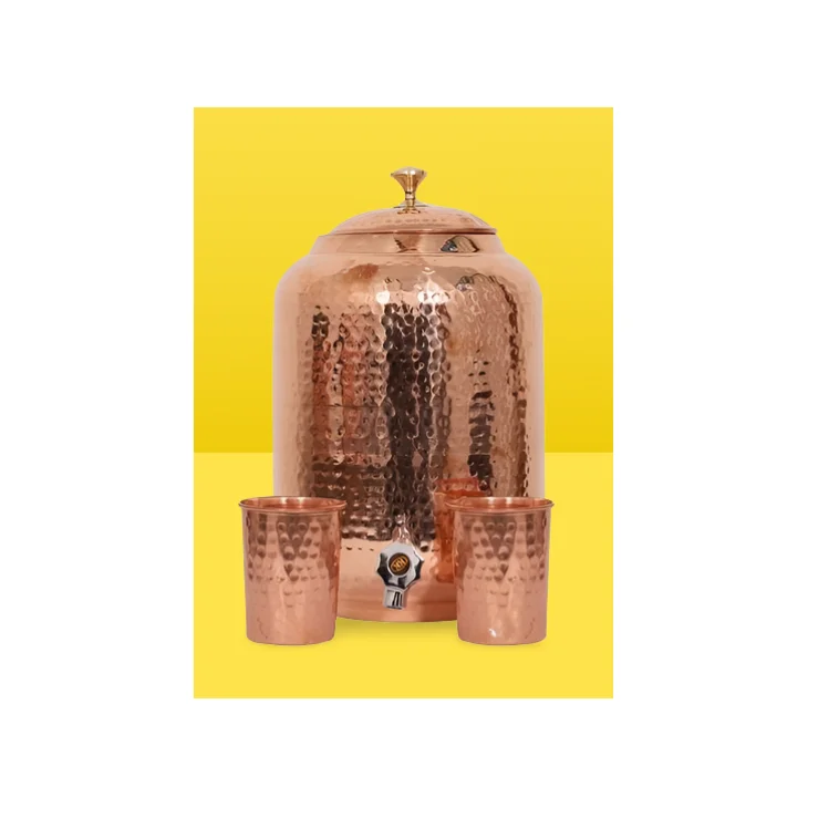 Best Quality Copper Water Cooler Custom Handmade Hammered Water Cooler Copper With Glass and Steel Stand Made in India
