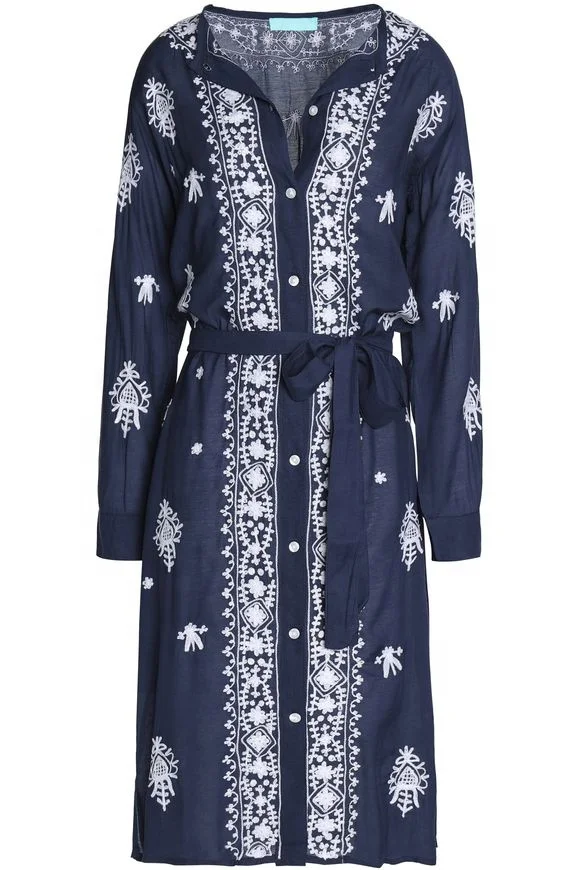 World of Swimwear High Fashion Edge Intricate White Floral Embroidered Flattering Waist Belt Women Cover Up Kimono Dress Robe