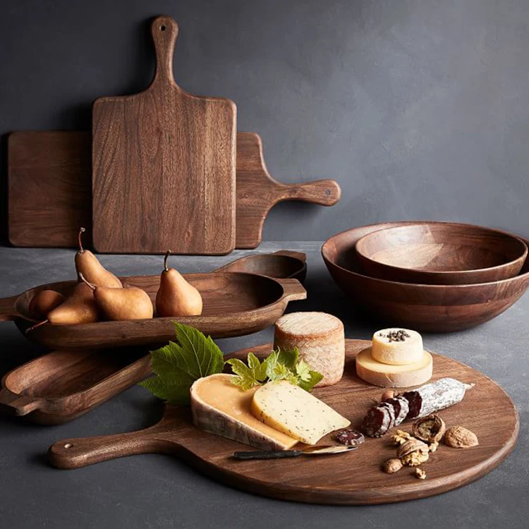 Handcrafted Acacia Wood Round Flat Fruit Pizza Serving board Wooden Cutting Board