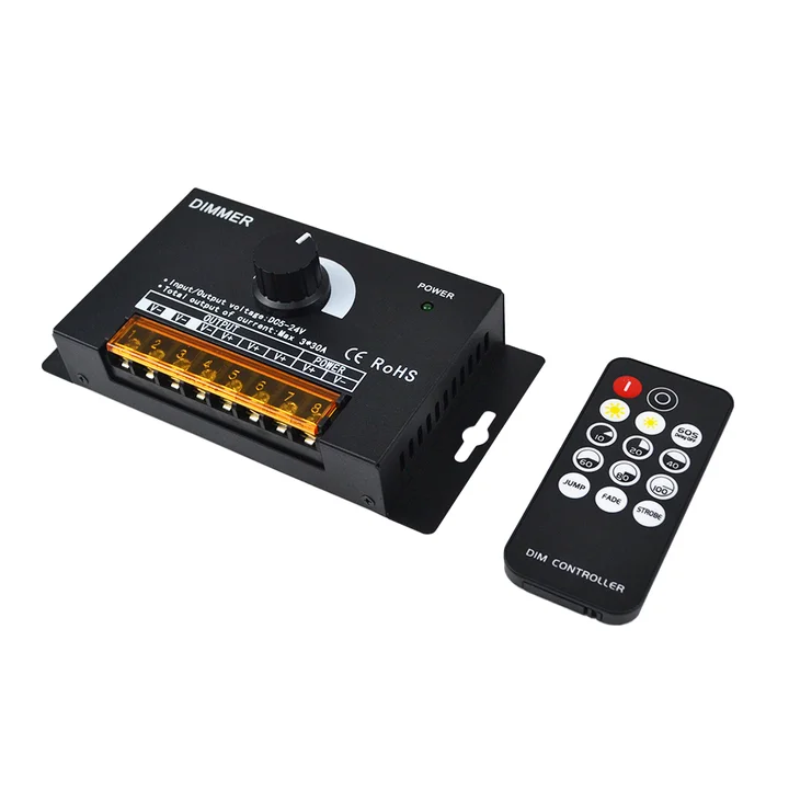 High Power Led Pwm Dimmer Rotary 12-24V 3*30A Black Steel Case Push Dim Constant Voltage 24V Led Strip Light Remote Knob Dimmer