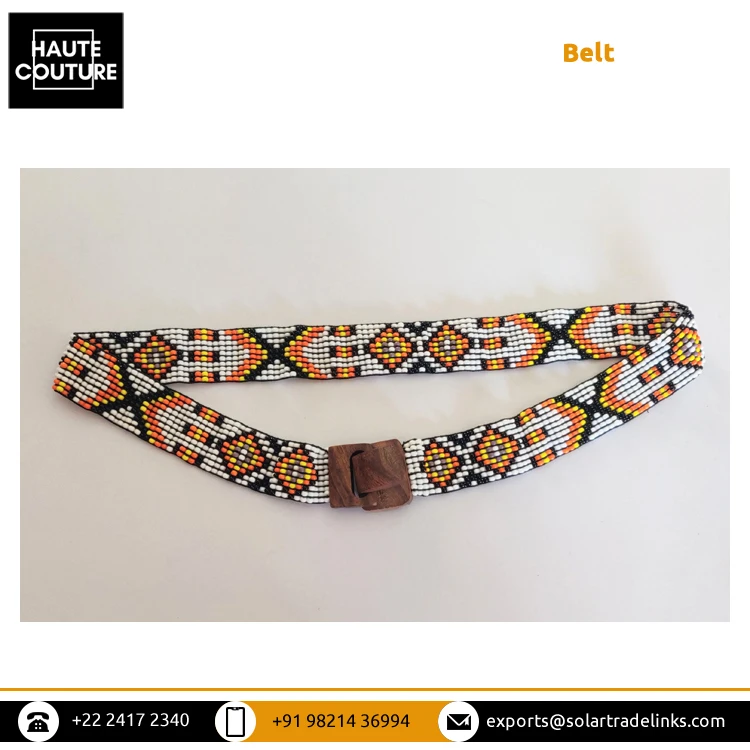Latest New Design Handmade Beaded Belts for Women Ladies Casual Wear Elasticated Hand Embroidered Belt with Wooden Buckle