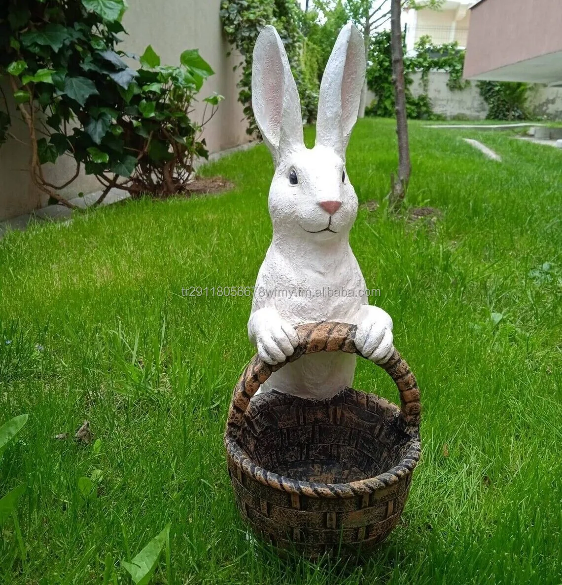 Cute White Rabbit Holding a Basket Resin Sculpture outdoor garden statues balcony terrace modern home decoration kitchen decor