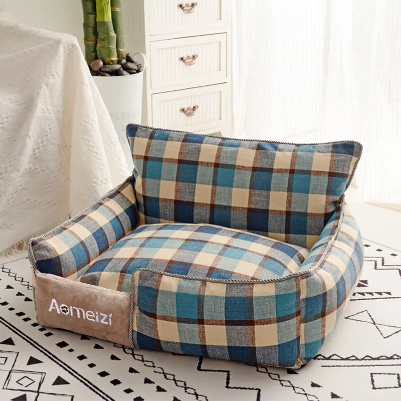 Eco friendly plaid popular wholesale foldable cotton indoor small dog beds cat sleeping a bed for pets