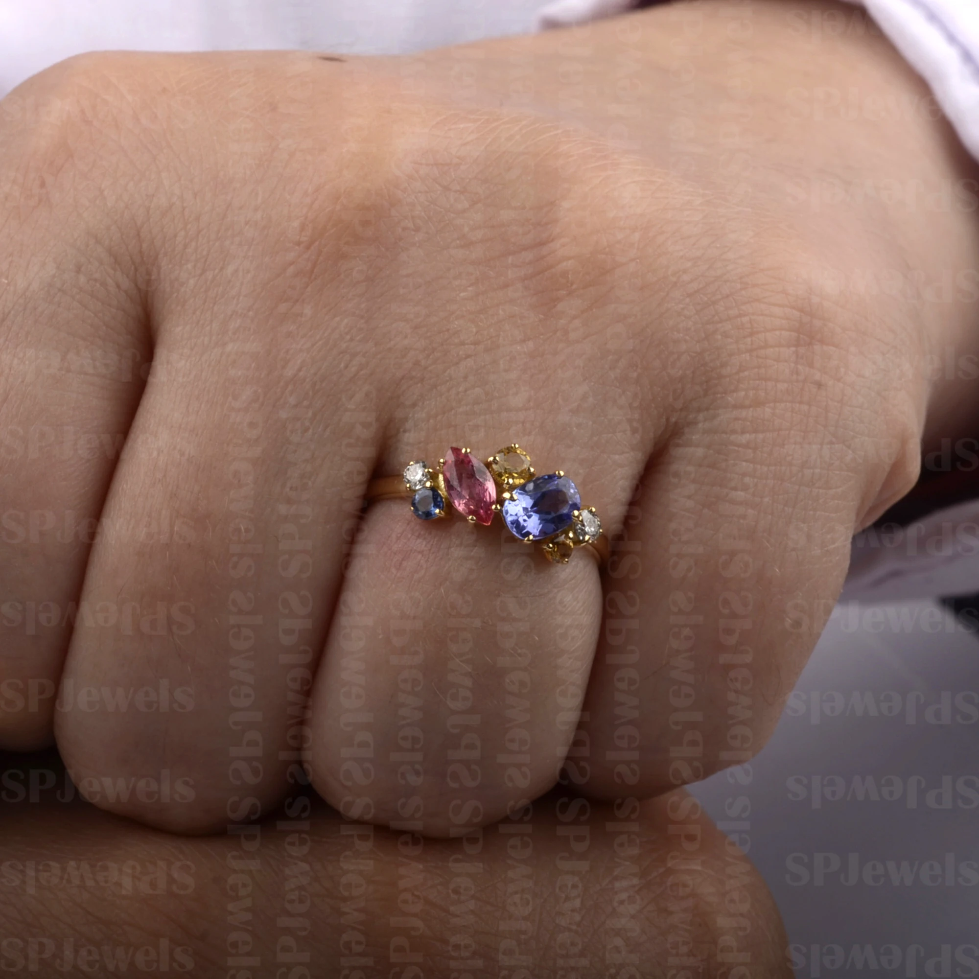 Trendy Multi Stones Rings Solid 18K Yellow Gold Unshaped Design Natural Gemstone SI G-H Diamond Wedding Ring Available for Ship