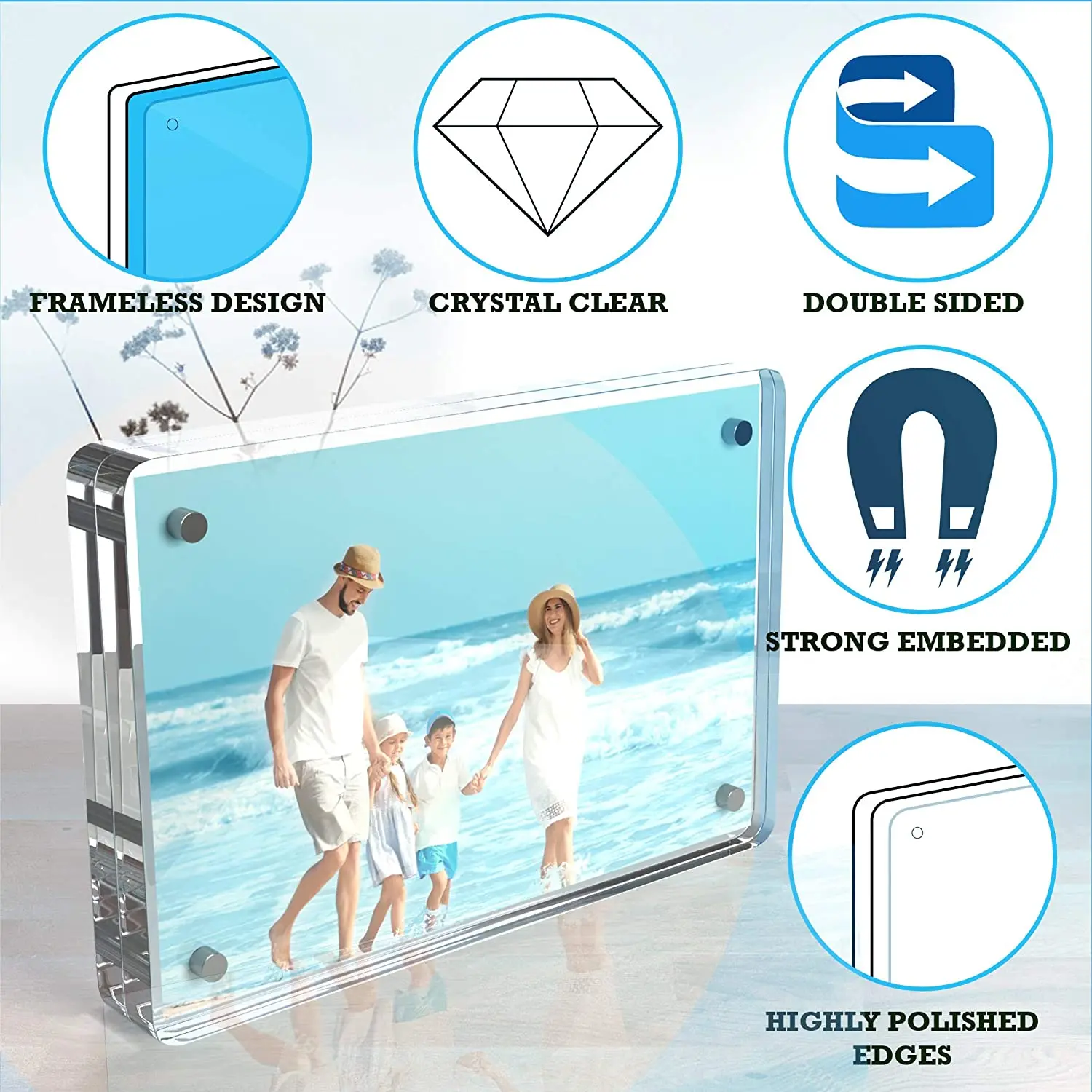 Double Sided Frameless Picture Frame Clear Acrylic Block Frame Custom Wholesale Magnetic Acrylic Photo Frames Stainless Steel