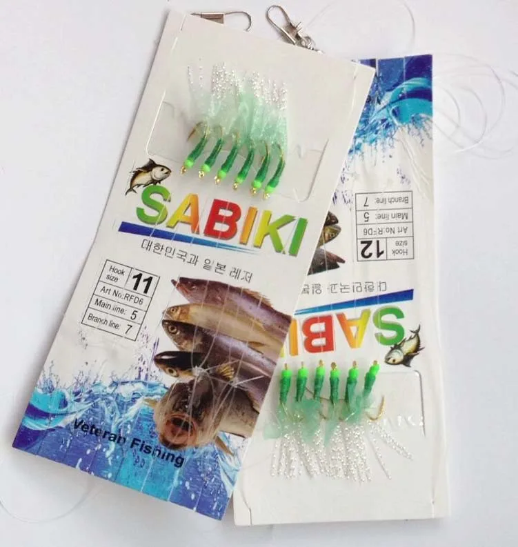 6#-15# Green Sabiki Rigs With Luminous Beads 6 Hooks Sea Flasher Bait Rigs Fishing Hook Sabiki Hook