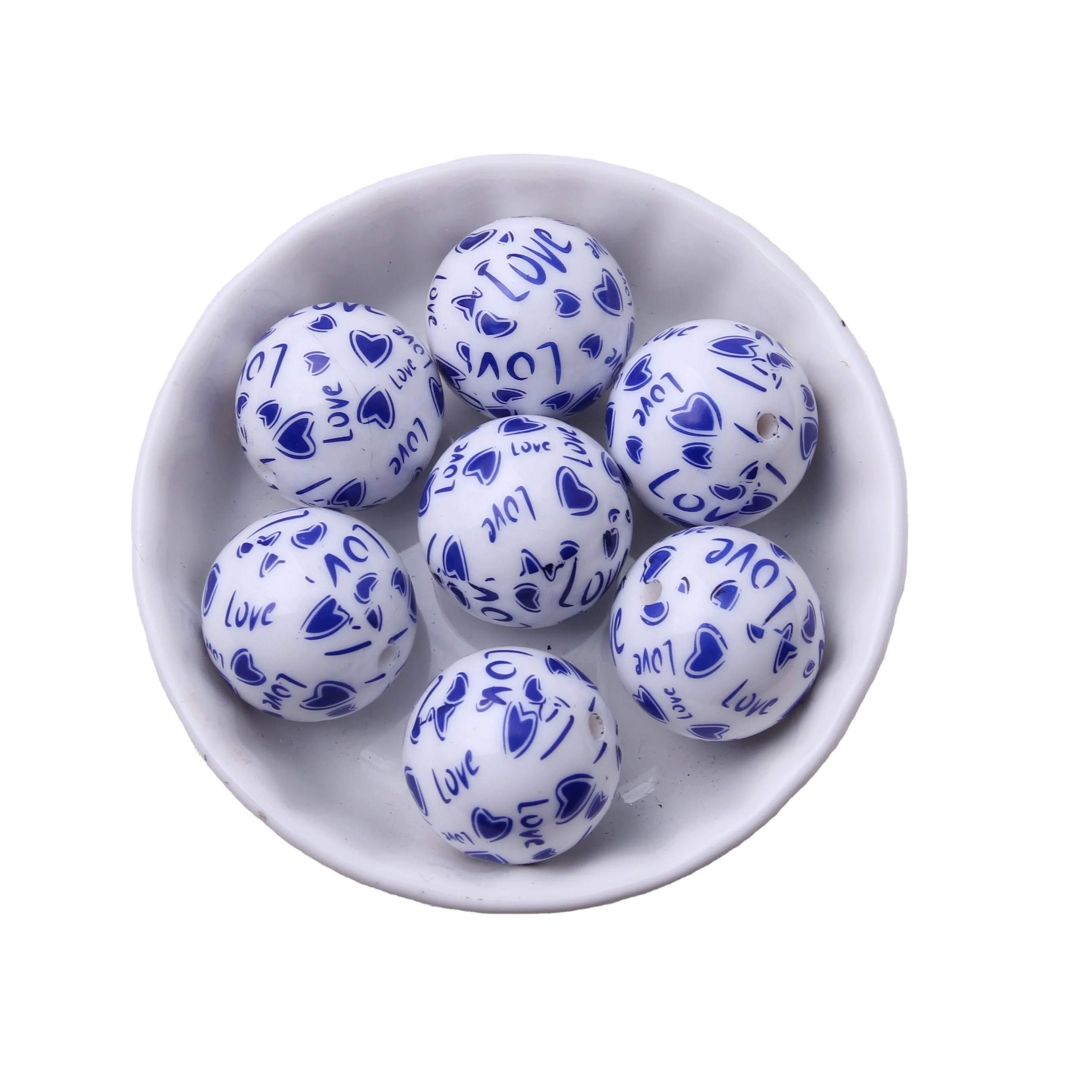 20mm 100pcs Wholesales Custom Chunky Necklace Jewelry Round Acrylic Solid Print Heart Love  Beads for Valentines Day DIY Making