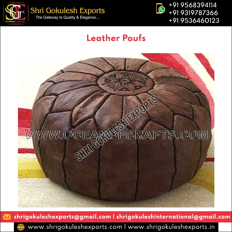 Top Listed Indian Manufacturer Widely Selling 100% Handmade Handwoven Round Leather Poufs for Office and Home Decorations