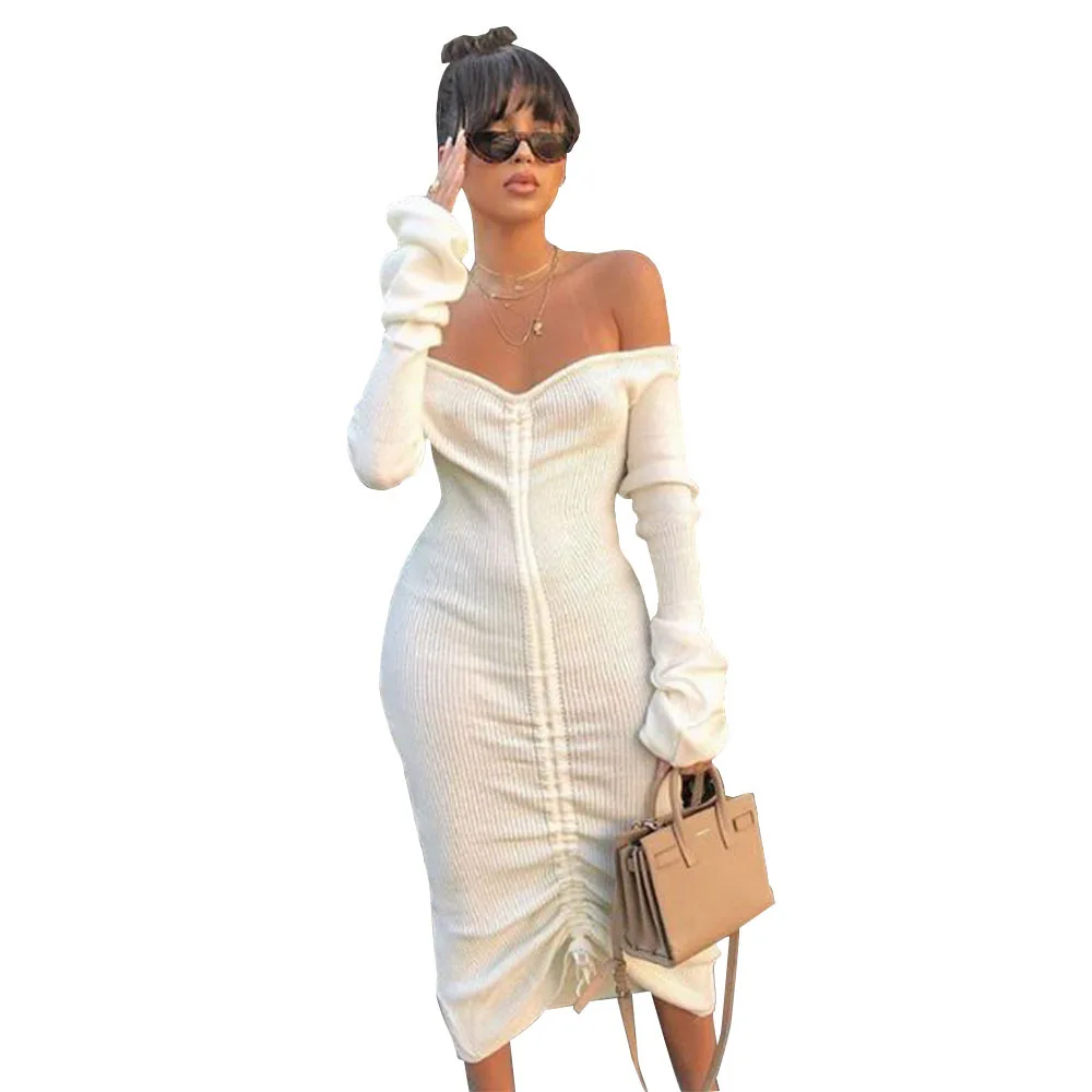 2021 Women Autumn Winter Bandage Dress Women Sexy Off Shoulder Long Sleeve Slim Bodycon Party Dresses Vestidos ZC0364