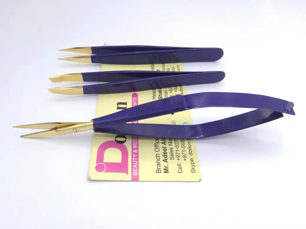 Gold Plated Tips With Blue Color Coated Eyebrow Tweezers Custom Logo Offer Professional Beauty Brow Tweezers With Spring Scissor